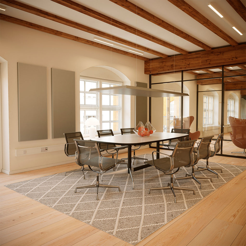 modern conference room with acoustic ceiling and wall solution (Dampa Silent Cloud and Dampa Silent Board)