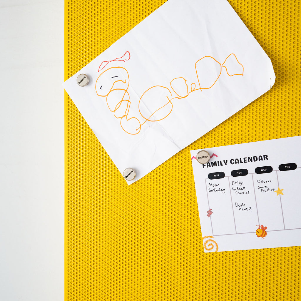 DAMPA Silent Board - Silent Board Flex in yellow with family calender and drawing 